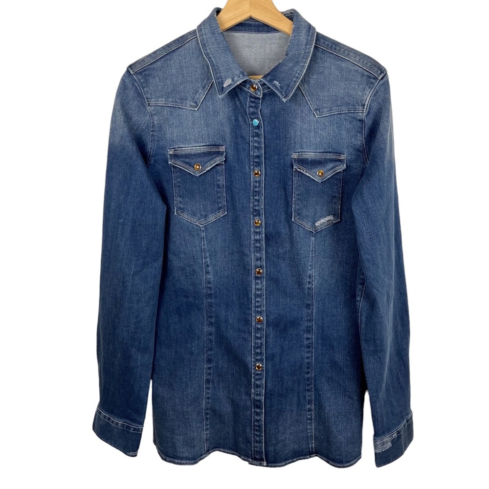 Dondup Jayl Distressed Turquoise Snap Button Denim Western Shirt Size Xl‎ Womens